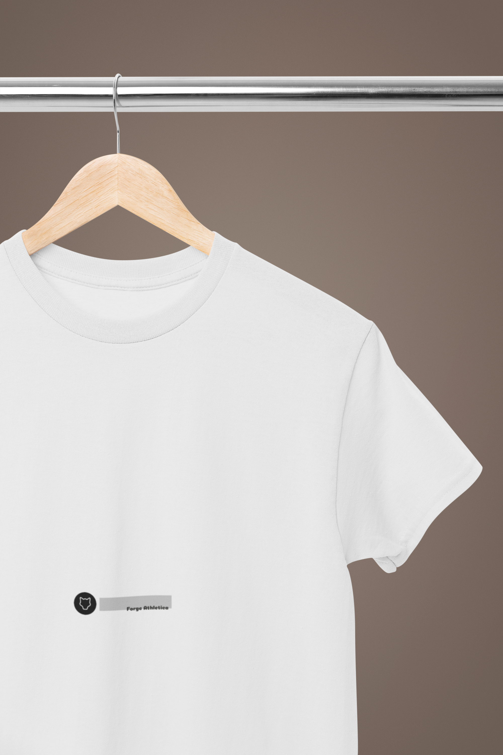 A white minimalistic T-Shirt hanged on a metallic rod and a wooden hanger.