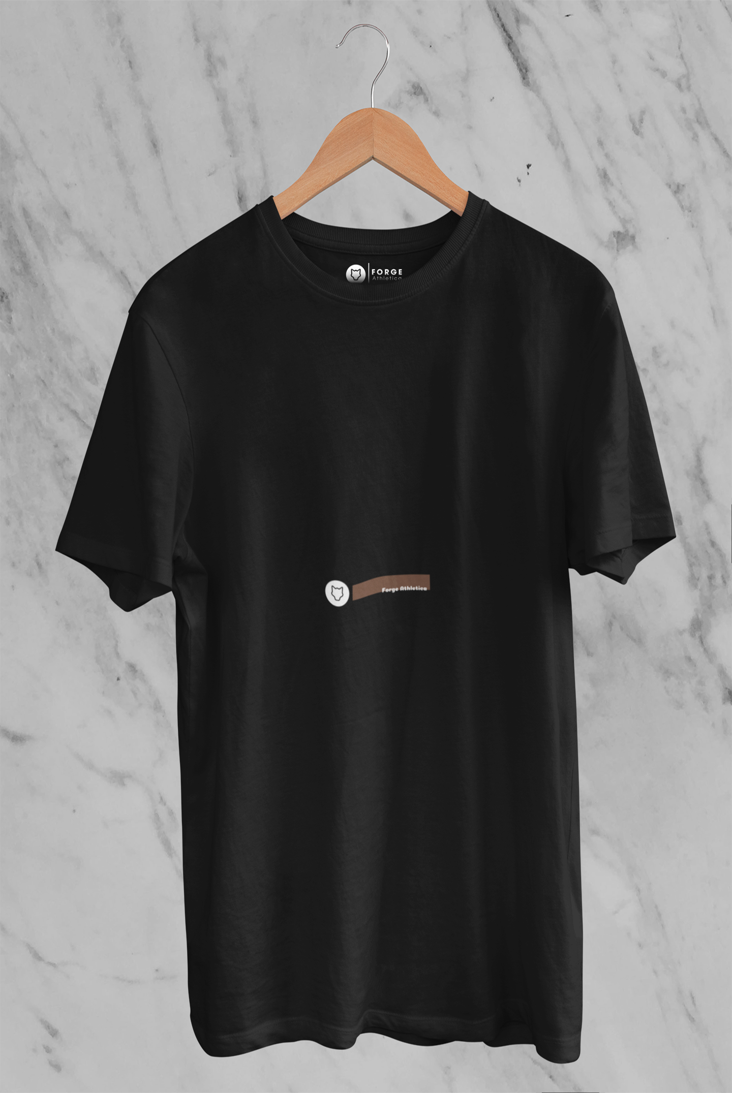 Minimalistic cotton Black Tee-Shirt hanging on a hanger with white background.